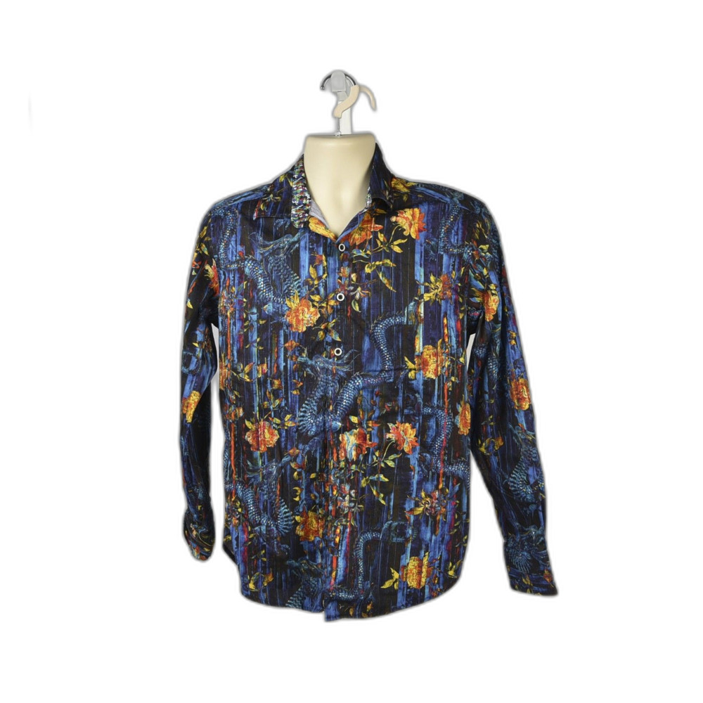 Robert Graham Blue Asian Floral Dragon Long Sleeve Classic Button Down Size S